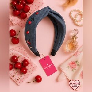 Kate Spade New York Cherry Denim Headband Twist Knot Embroidered NWT